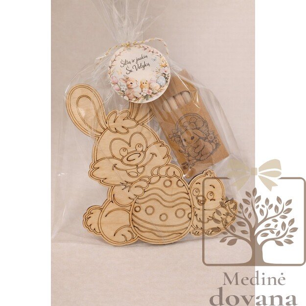 Velykinis spalvinimo rinkinys vaikams – medinis zuikutis ir viščiukas su 6 pieštukais