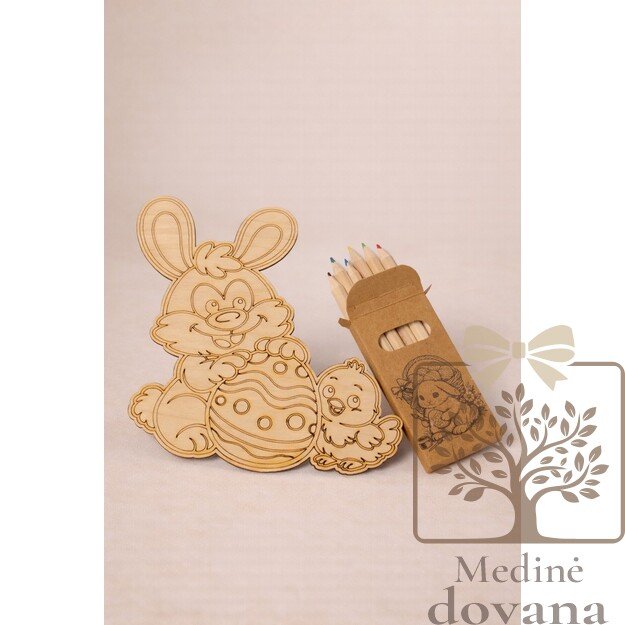 Velykinis spalvinimo rinkinys vaikams – medinis zuikutis ir viščiukas su 6 pieštukais