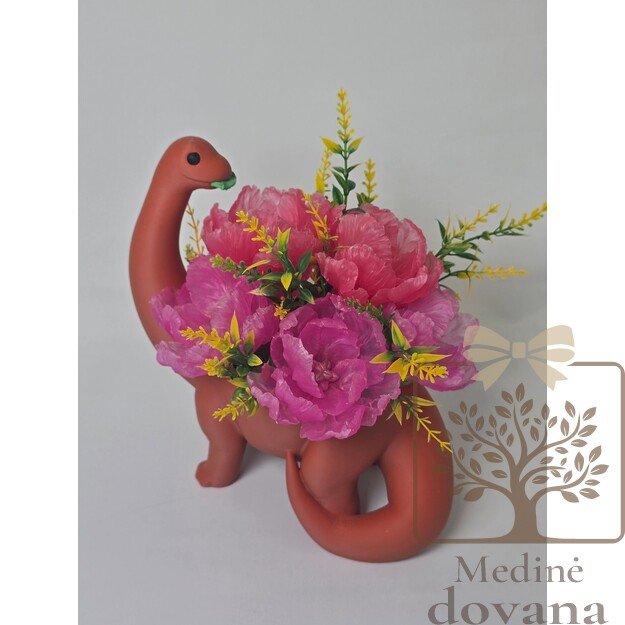 Dinozauras su muilo gėlių puokšte 