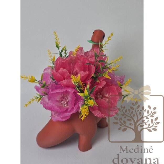 Dinozauras su muilo gėlių puokšte 