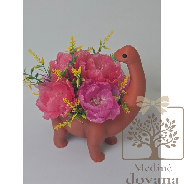 Dinozauras su muilo gėlių puokšte 