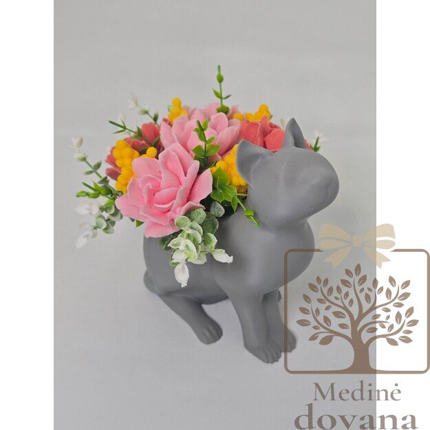 Muilo gėlių kompozicija katino vazonėlyje